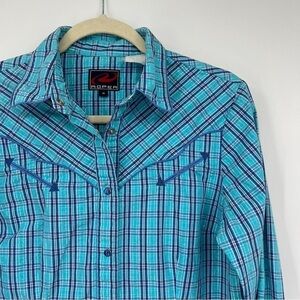 Vintage Roper Women's Blue Striped Plaid Buttondown Embroidered Collared Shirt